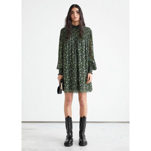 Reformation Dresses & Skirts - Reformation Brandi Green Floral Long Sleeve Smocked Mock Neck‎ Mini Dress Size S